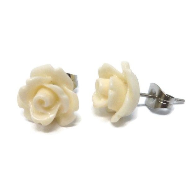 Ivory Rose Stud Earrings ~ Cream ~ One Pair ~ 10mm - Small White Flower Post Earring ~ Gift ~ Bridesmaid ~ Wedding