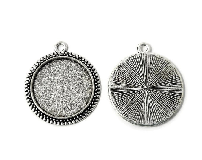 Antique Silver Bezel with 20mm Tray and Starburst back - blank cabochon setting for 20mm cabochons - 50 25 10 5 pcs - pendant bezel cup