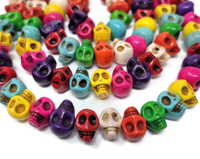 Side Drilled Mixed Color Skull Beads - 14mmby 13mm by 11mm - 40 beads - sideways drilling - rainbow howlite skulls - assorted colors