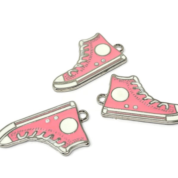 Pink Hi Top Basketball Shoe Charm - Two-Sided Silver Enameled Athletic Shoes - Sneaker Pendant - 30mm x 17mm x 2mm - 1 2 3 5 10 25 50 pieces