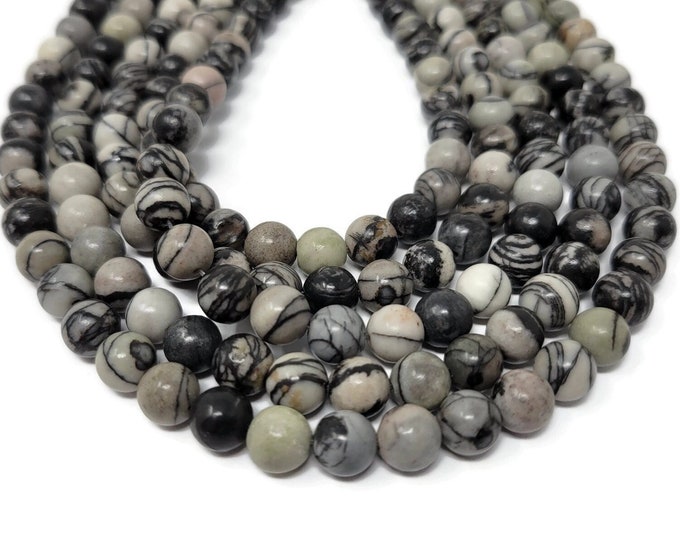 Black & White Silk Stone 8mm Round Bead - 50 Beads - Whole Strand - natural stone - spiderweb jasper - net stone - zebra jasper