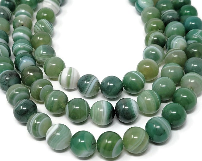 Green Banded Agate 12mm Round Bead - 33 beads - whole strand - shades of green and white striped stone - large green stone beads