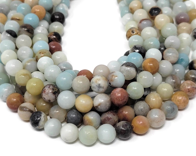 Flower Amazonite 6.5mm Round Bead - 59 beads - Whole Strand - Multicolor Mixed Color Blue Brown Ocean - colorful stone