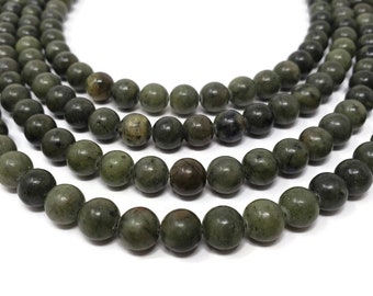 Green Serpentine 8mm Round Bead - 48 beads - whole strand - natural dark green and black opaque stone