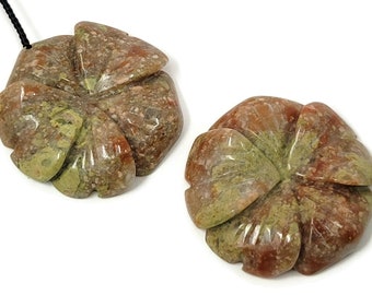 Autumn Jasper Large Carved Green Stone Flower Top Drilled Pendant - 40x8mm - natural green red pink stone