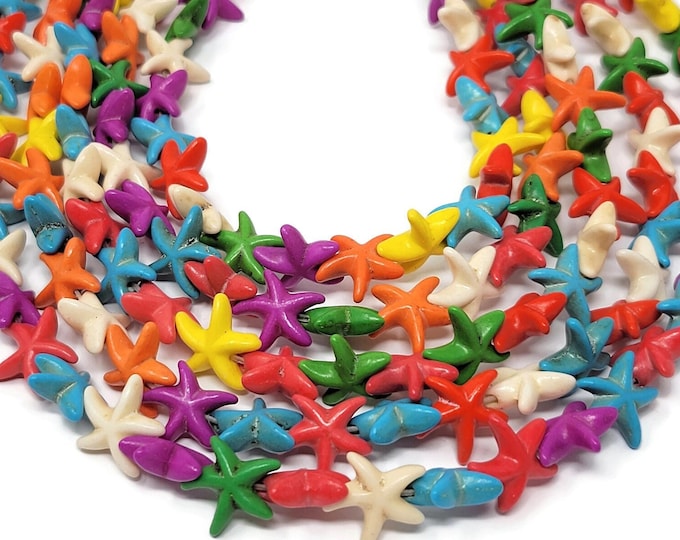 Mixed Color Howlite Starfish or Star Bead - 15mm by 5mm - 39 beads - Whole Strand - rainbow colorful variety synthetic turquoise stars