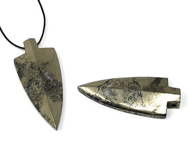 Pyrite Arrowhead Pendant - 54mm by 23mm by 8mm - iron pyrite - golden bronze color stone large drilled carved arrow head - over 2 inches