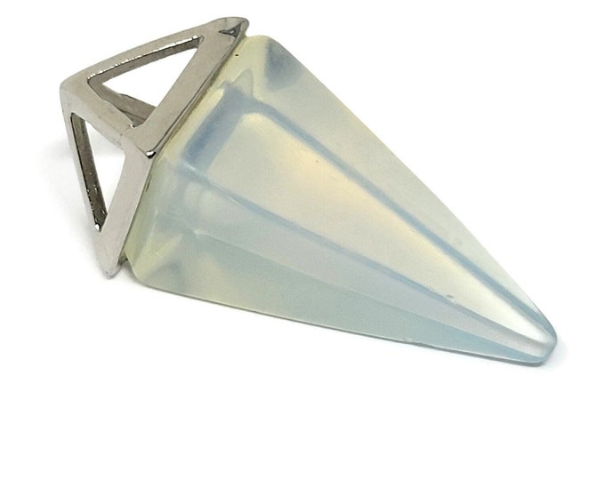 Opalite Bicone Pendant - Opal Glass Triangle Pyramid - Point - Silver Cap Setting - 38mm by 15mm - Large Pendulum - Wand - iridescent
