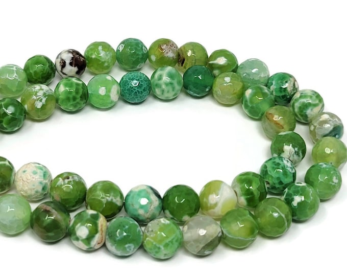 Grass Green Cracked Agate 10mm Faceted Round Bead - 37 beads - Whole Strand - bright green crackle - fire crab