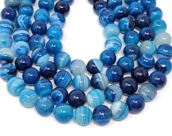 Blue and White Banded Agate 14mm Round Bead - whole strand blueberry striped stone - 28 beads