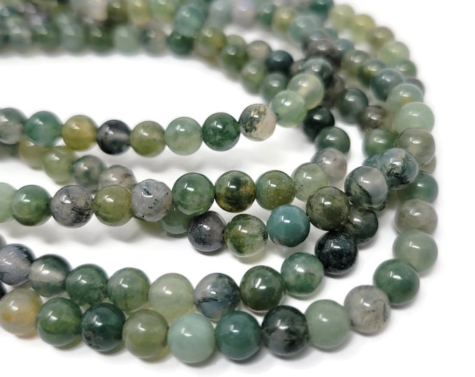Green Moss Agate 6mm Round Bead - 69 beads - Full Strand - Shades of Green - dark green evergreen pine stone