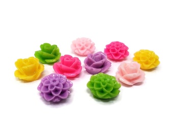 Pink Purple Yellow Green Small Flower Resin Cabochon Mix - Mixed Color Rose Dahlia Mum Flowers - 10mm by 6mm Plastic Craft Cabochons
