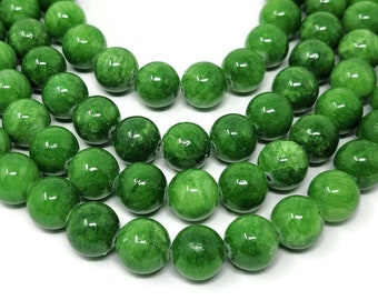 Green Mountain Jade 12mm Round Bead - 33 beads - Whole Strand - grass green Mashan - shades of green marble