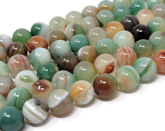 Green Peacock Striped Agate 10.5mm Round Bead - 37 beads - Whole Strand - Green and Orange Banded Stone - Colorful - Autumn