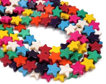 Mixed Color Flat Star Bead - 12mm by 11mm by 4mm - 39 beads - Whole Strand rainbow stars synthetic turquoise