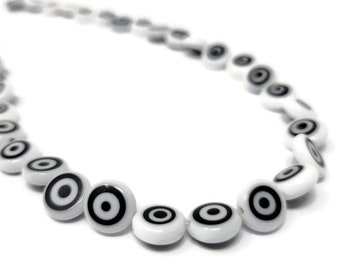 White and Black Flat Round Evil Eye Bead - 10x4mm - lampwork glass - whole strand - 38 beads