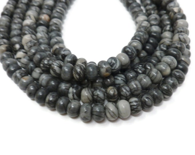 Silk Stone Rondelle Bead - Spider Web Jasper - Net Stone Abacus - Whole Strand - 93 beads - black & gray - black line jasper - netstone
