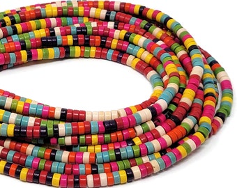 Rainbow Heishi Bead - 4mm by 2mm - around 170 beads - Mixed Color Howlite Tube or Cylinder - Whole Strand - Colorful variety