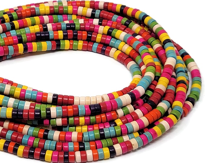 Rainbow Heishi Bead - 4mm by 2mm - around 170 beads - Mixed Color Howlite Tube or Cylinder - Whole Strand - Colorful variety