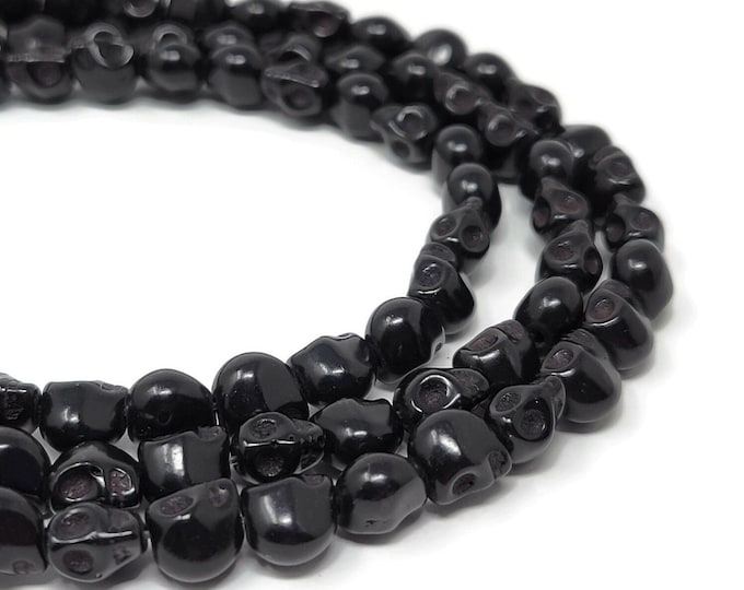 Black Tiny Skull Bead - 8mm by 7mm by 6mm - 51 beads - Whole Strand Small Synthetic Turquoise Skulls - Halloween Dia de los Muertos
