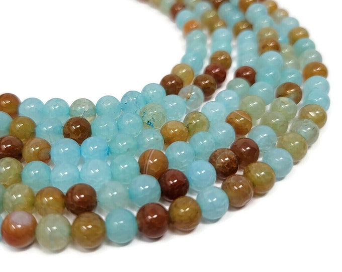 Blue and Brown Agate 6mm Round Bead - 63 beads - aqua sky cyan - blue fire crab - translucent stone - crackle cracked