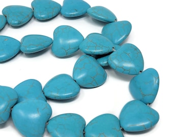Large Blue Heart Bead - 20mm by 20mm by 8mm - 20 Beads - Whole Strand - sky blue synthetic turquoise hearts -