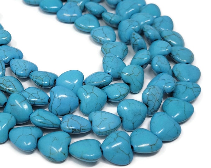 Blue Heart Bead - 12mm by 11mm by 6mm - 35 beads - Whole Strand - sky blue synthetic turquoise puffed hearts