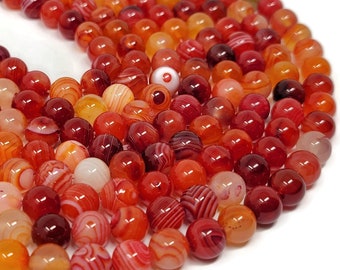 Red and Orange Banded Agate 8mm Round Bead - 45 beads - whole strand - striped colorful stone