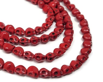 Tiny Red Skull Bead - 8mm by 7mm by 6mm - 53 beads - Whole Strand - Synthetic Turquoise Skulls - red howlite beads