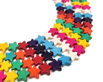 Mixed Color Flat Star Bead - 12mm by 11mm by 4mm - 39 beads - Whole Strand rainbow stars synthetic turquoise