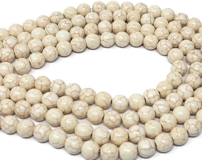 Bone White Howlite 10mm Round Bead - 40 beads - White Synthetic Turquoise - Whole Strand - ivory cream matrix