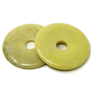 Two Lime Green Jasper Donut Focal Beads - 34mm by 4mm with 7mm Hole - 2 pieces large opaque avocado green pi stone set