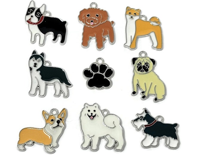 Dog Charm Set - nine dogs for bracelets necklaces keychains - pug terrier scottie puppy samoyed corgi husky shiba inu silver enamel charms