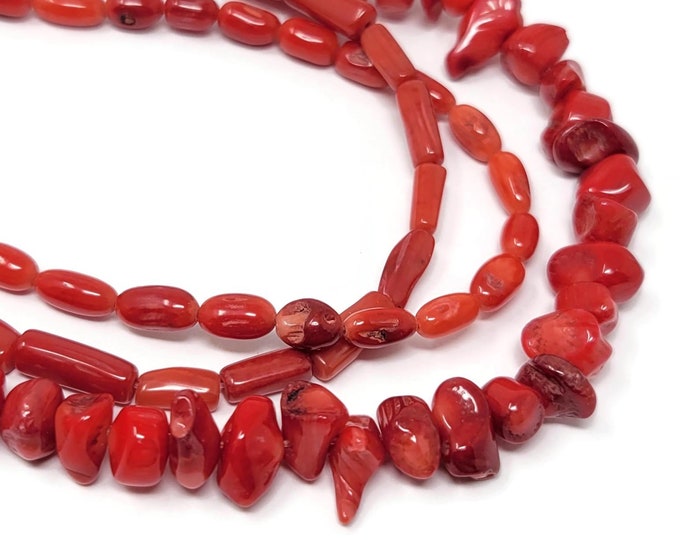Red Coral Three Strand Bead Set - mixed shape coral beads - assortment branch chip bamboo