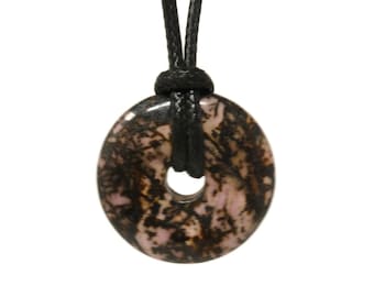 Rhodonite Donut Focal Bead or Pendant - 30mm by 5.5mm - 6mm Center Hole - pink & black stone - circle disk lavender pi stone