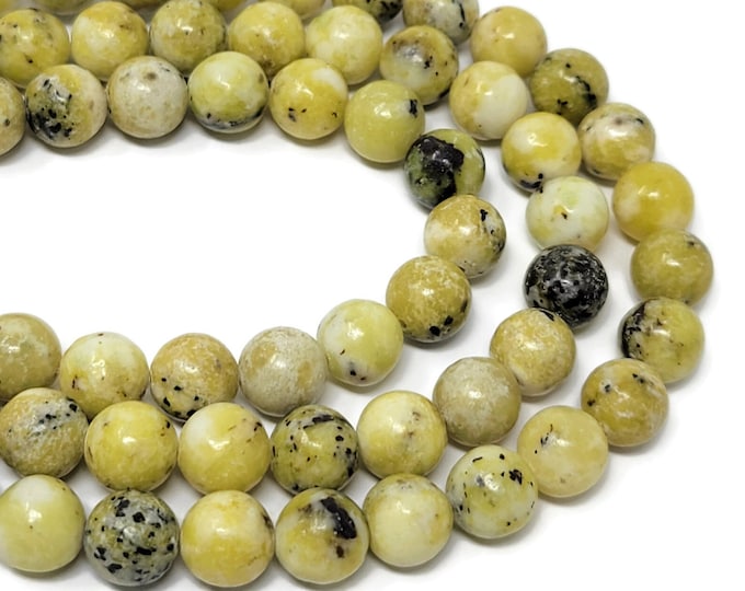 Yellow Turquoise 10mm Round Bead - Whole Strand - 38 beads - natural yellow olive green and black stone - serpentine
