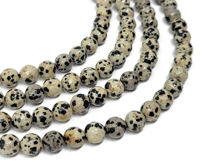 Dalmatian Jasper Faceted 8mm Round Bead - 45 beads - Whole Strand - Natural Spotted Stone - black and white stone with spots