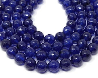 Blueberry Jade 10mm Faceted Round Bead - whole strand - 37 beads - dark sapphire blue translucent stone