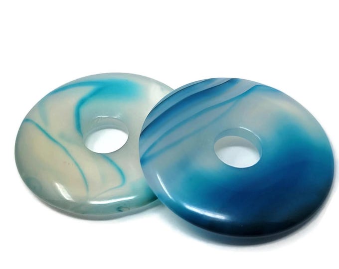 Two Blue Banded Agate Donut Focal Beads - 30mm by 4mm with 7mm Hole - 2 pieces blue striped pi stone pendant