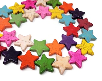 Mixed Color Extra Large Flat Star Bead - 25mm by 24mm by 6mm - 18 beads - Whole Strand rainbow stars synthetic turquoise
