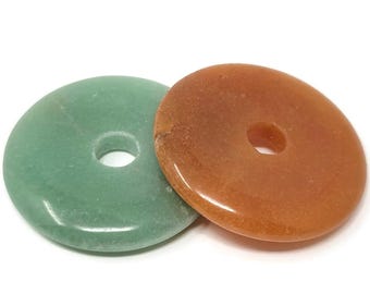 Two Aventurine Donut Focal Beads - 35x6mm with 6.5mm hole - green and orange pi stone