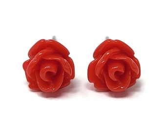 Small Red Rose Post Earrings ~ small 7mm flower blossom stud earring