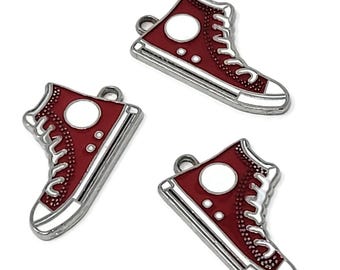 Red Hi Top Basketball Shoe Charm - Two-Sided Silver Enameled Athletic Shoes - Sneaker Pendant - 30mm by 17mm by 2mm - 1 2 3 5 10 25 pcs