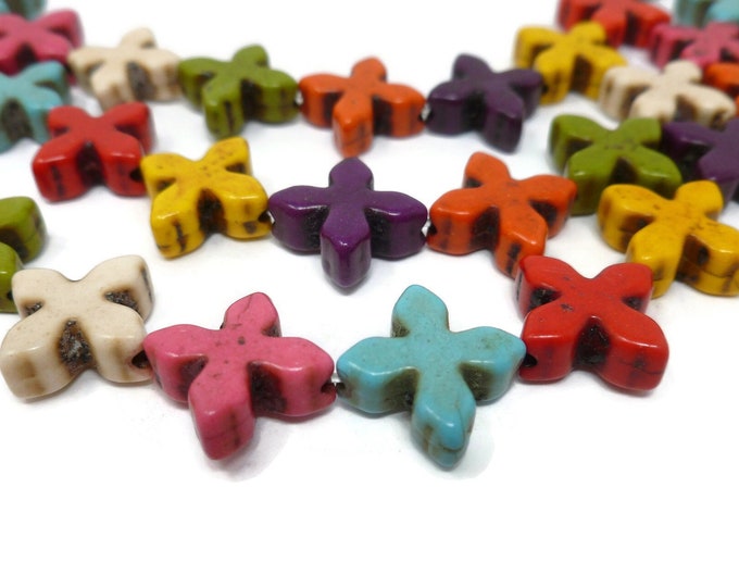 Mixed Color Cross or Greek Cross Bead - 15mm by 5mm - 26 beads - Full Strand - Rainbow - Multicolor Variety Mix - X bead - plus sign