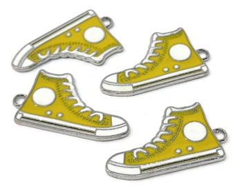 Yellow Hi-Top Basketball Shoe Charm - Two-Sided Silver Enameled Athletic Shoe - Sneaker Pendant - 30mm by 17mm by 2mm - 1 2 3 5 10 25 50 pcs