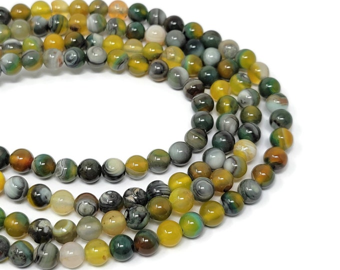 Green and Yellow Mixed Color Agate 6mm Round Bead - 64 beads - Whole Strand - Green Olive Yellow Gray colorful stone