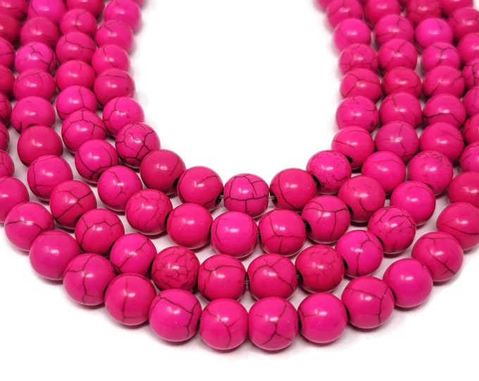 Hot Pink 8mm Round Bead - Whole Strand - 52 beads - Fuchsia - Bright Pink Synthetic Turquoise