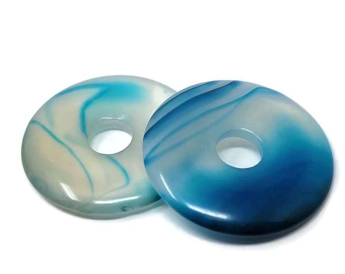 Two Blue Banded Agate Donut Focal Beads - 30x4mm with 7mm Hole - 2 pieces blue striped pi stone pendant