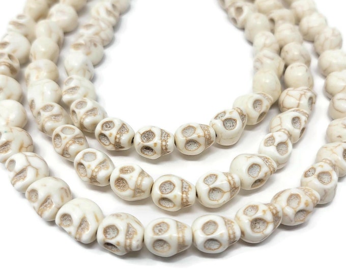 Bone White Howlite Skull Bead - 10mm by 9mm by 8mm - 37 beads - Whole Strand - skulls synthetic turquoise - ivory cream off-white