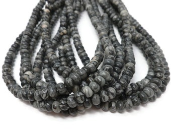 Silk Stone Rondelle Bead - Spider Web Jasper - Net Stone Abacus - Whole Strand - 93 beads - black & gray - black line jasper - netstone
